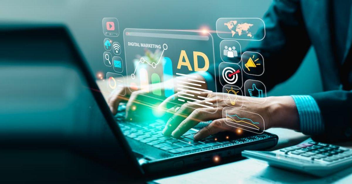 Marketing professionals collaborating on AI-powered digital marketing strategies with data dashboards and analytics