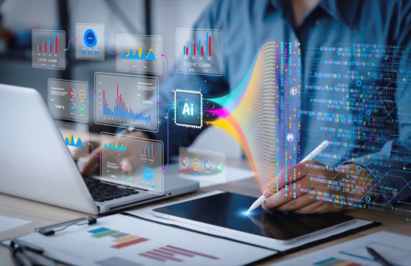 Business professional analysing AI-powered commerce data and analytics dashboards representing agentic commerce readiness