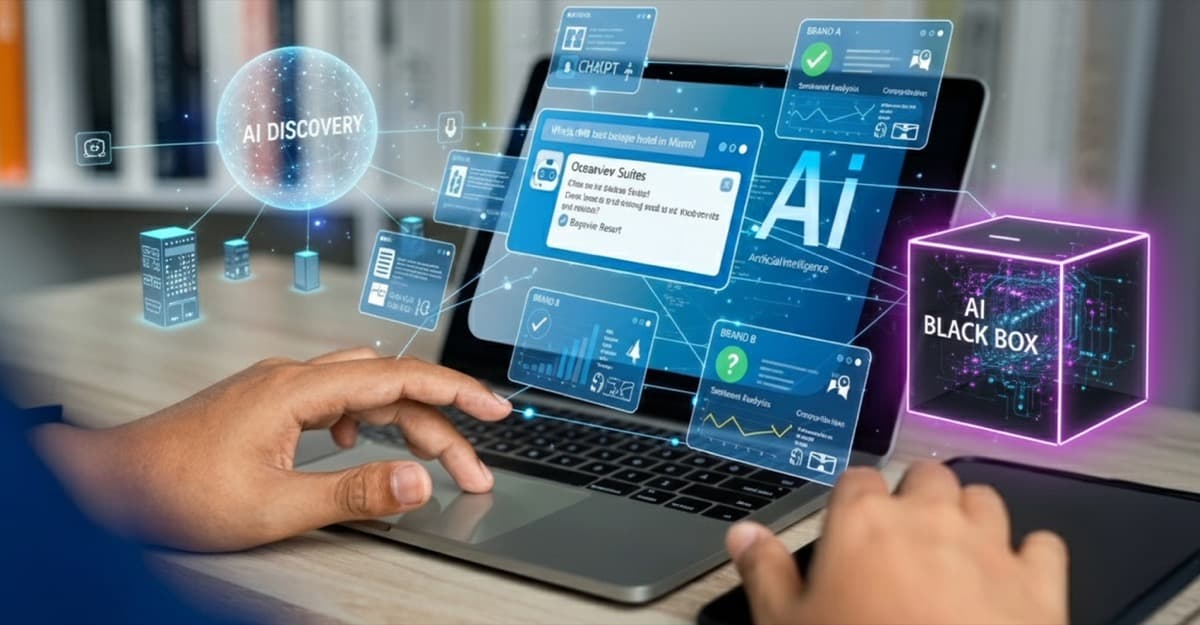 Marketing team collaborating on AI search visibility strategy with digital AI search interface visualisation