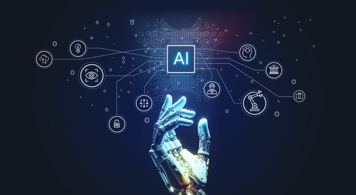 Robotic hand reaching toward an AI chip surrounded by data intelligence icons representing the convergence of data analysis and AI visibility