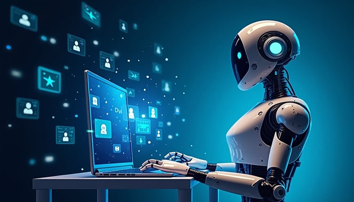 AI robot analysing data on a laptop representing generative engine optimization statistics for marketing leaders