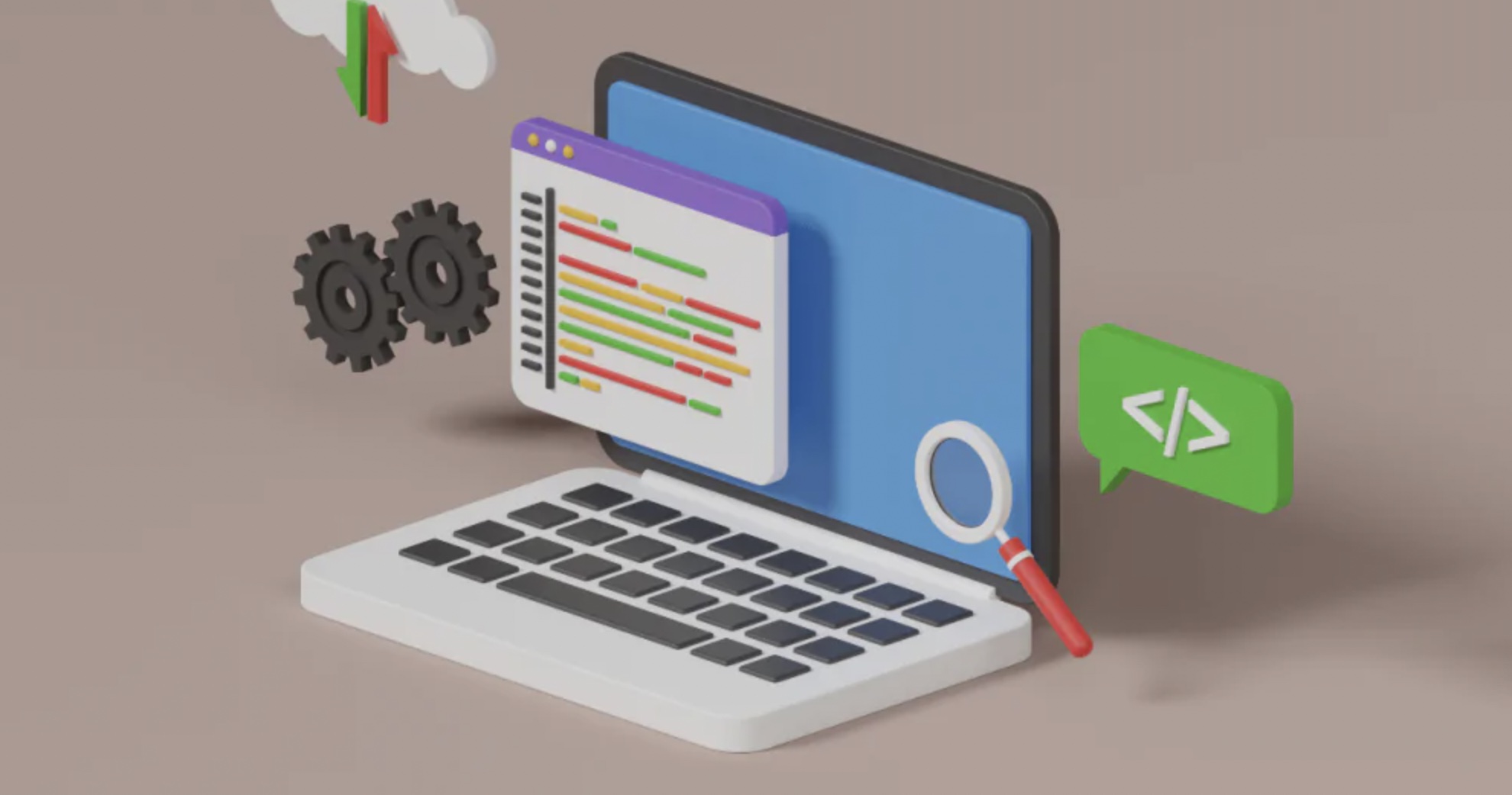 Isometric 3D laptop with code editor, gears, cloud sync and magnifying glass illustrating AI search conversion mechanics for SaaS trial signups