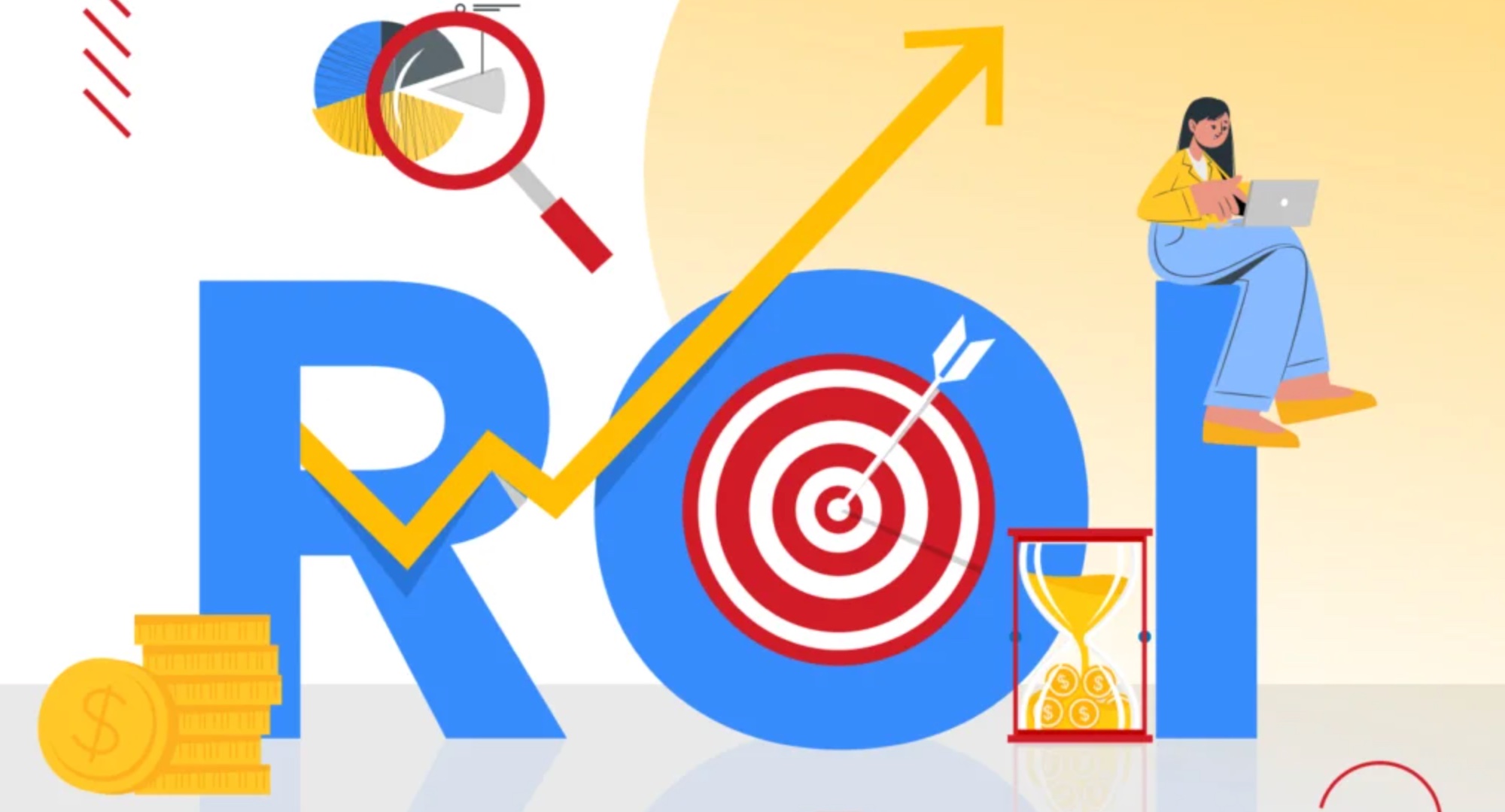 Illustration of ROI growth with target, upward arrow, magnifying glass on analytics, hourglass and stacked coins, representing measurable AEO returns in 2026