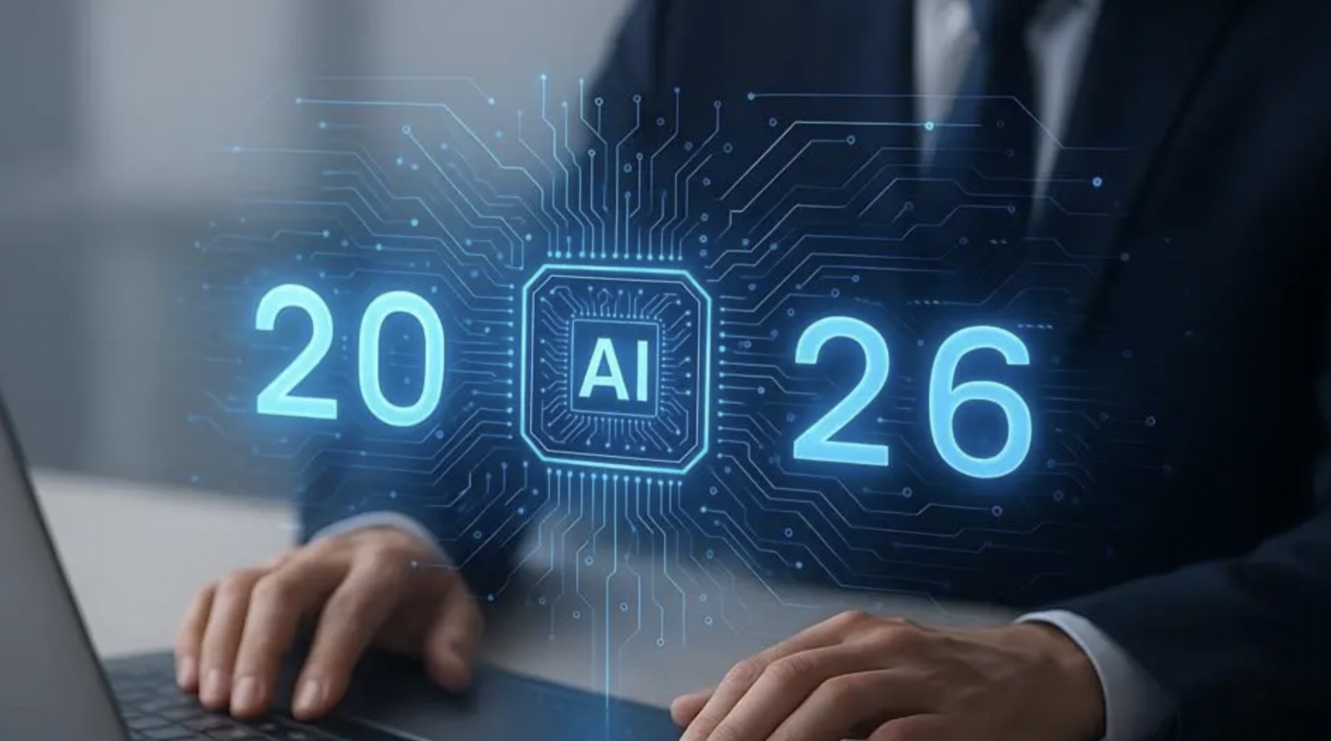 Holographic 2026 display with an AI chip at its centre, illustrating the trends reshaping AI search in 2026