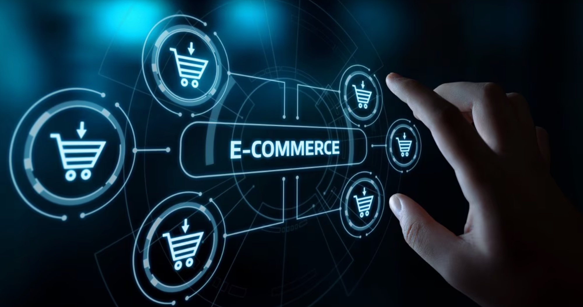 Holographic ecommerce interface with shopping cart icons connected in a network, illustrating the structural shifts rewiring commerce