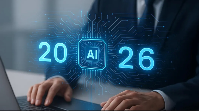 Business professional at a laptop with a holographic 2026 AI chip graphic, illustrating the AI marketing catch-up moment
