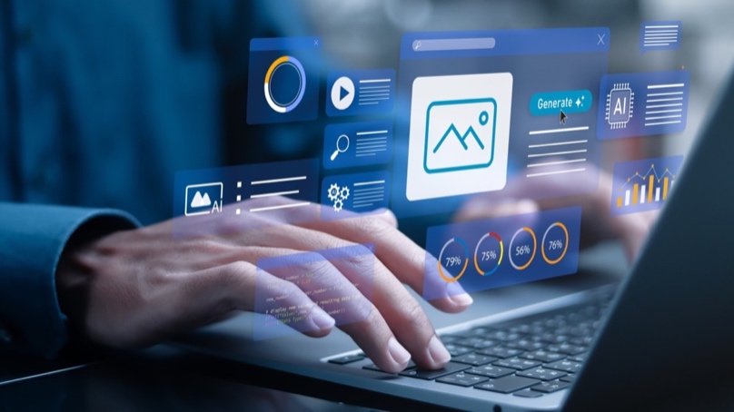 Content creator writing AI-optimized content on a laptop