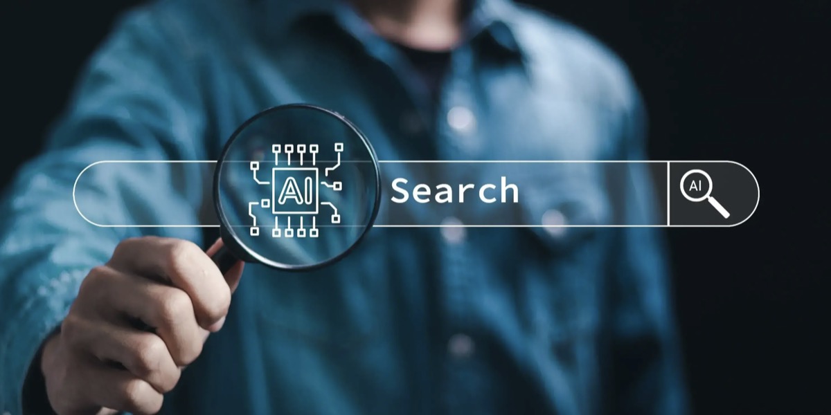 Person holding a magnifying glass over an AI-powered search bar — the moment buyers discover brands through AI search instead of traditional rankings