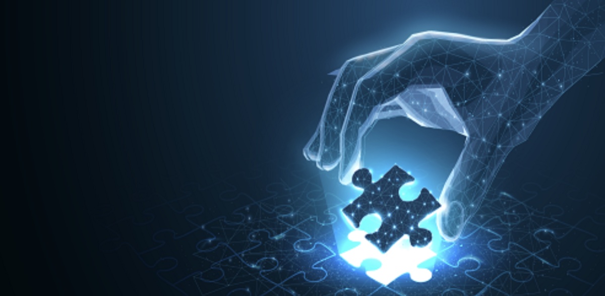 Conceptual illustration of a wireframe hand fitting a glowing puzzle piece into place, representing the five pillars of an AI search strategy coming together