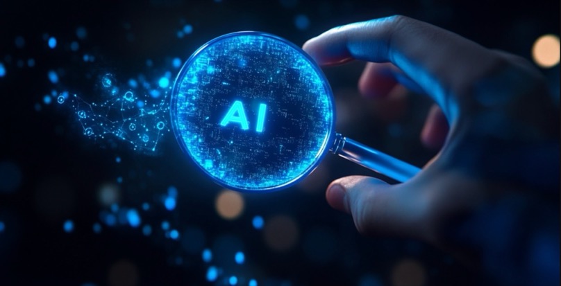 Magnifying glass inspecting a glowing AI symbol, representing AI search visibility analysis across ChatGPT, Perplexity, Gemini, and Google AI Overviews