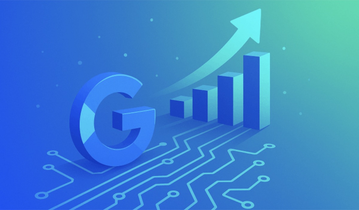3D Google logo beside an upward-trending bar chart connected by circuit-like pathways illustrating how high-traffic page mentions drive AI citation volume