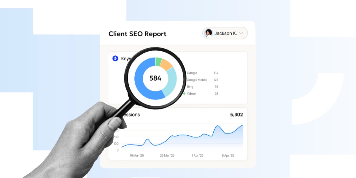 Hand holding a magnifying glass over a traditional client SEO report showing keyword sources and impressions data illustrating the AI visibility blind spot in legacy reporting