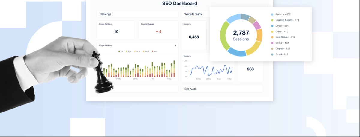Hand moving a chess piece across an SEO dashboard showing rankings, sessions, and traffic source breakdowns traditional metrics reframed through an AI visibility lens