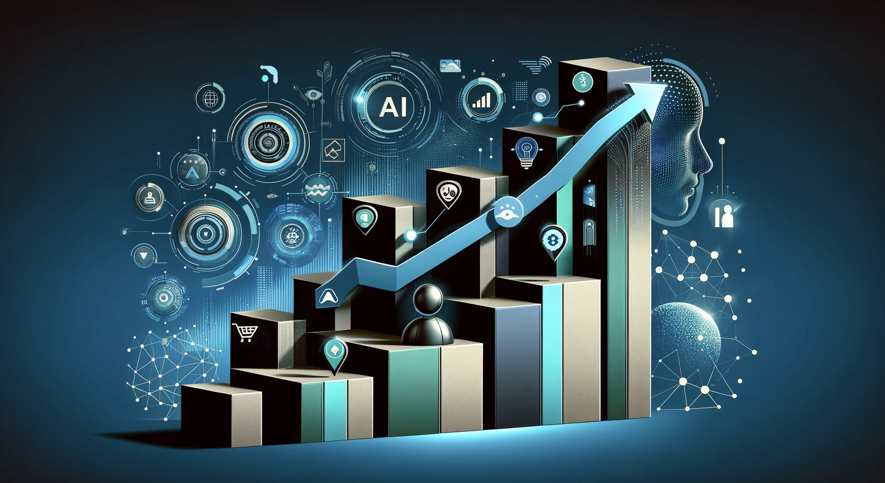 Illustration of an ascending bar chart with an upward arrow, ringed by AI, security, location and network icons, representing the signals an AI visibility program tracks across platforms and markets