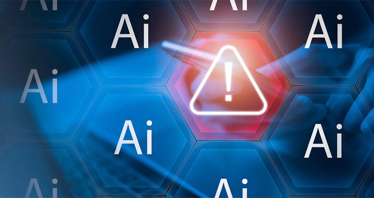 Honeycomb grid of AI hexagons with one cell highlighted red and a warning triangle — AI hallucinations and incorrect brand information surfacing in AI search