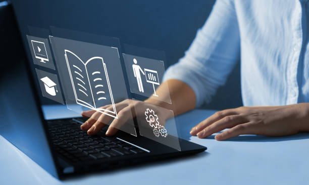 Person attending online SEO lessons on a digital screen with e-learning interface