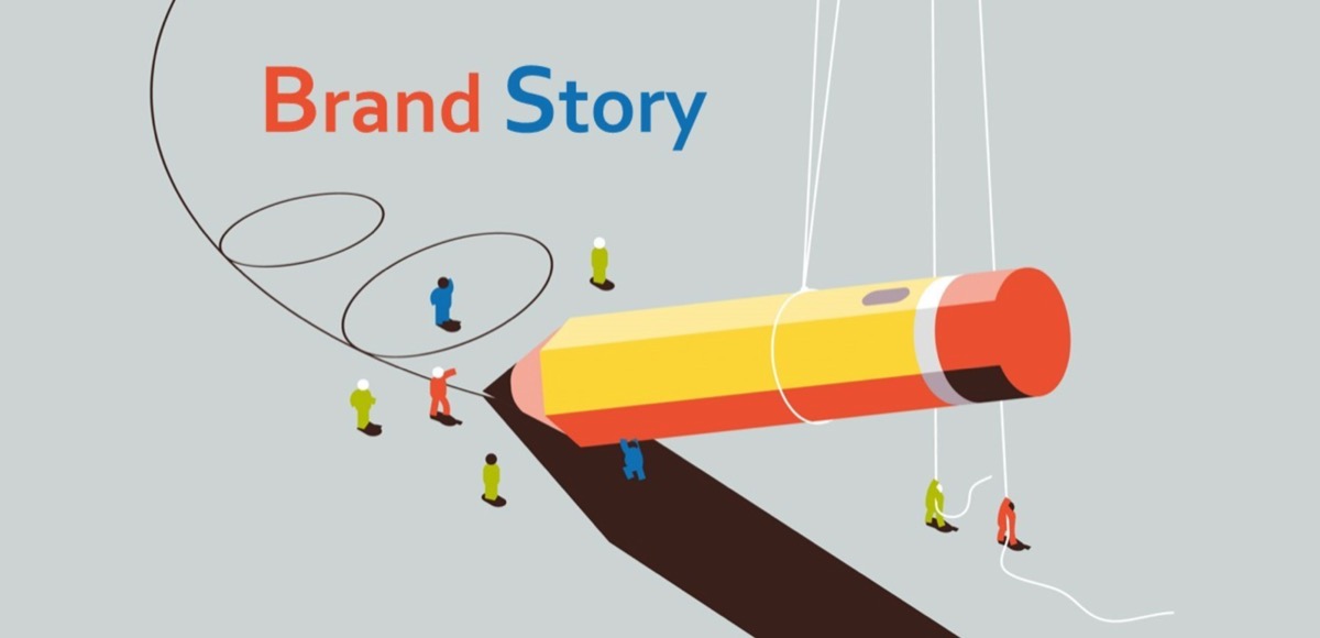 Giant pencil drawing a brand story while small figures watch the narrative being constructed around them