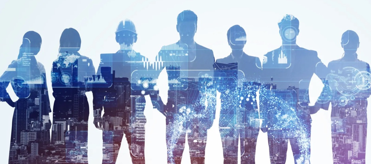 Silhouettes of a cross-functional team overlaid with cityscape and data visualisation graphics, representing the multidisciplinary roles required to build an AI-ready marketing team