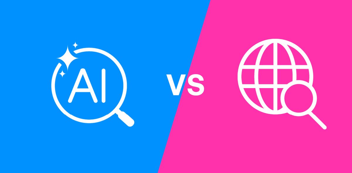 AI search versus traditional web search illustrated as two side-by-side magnifying glass icons