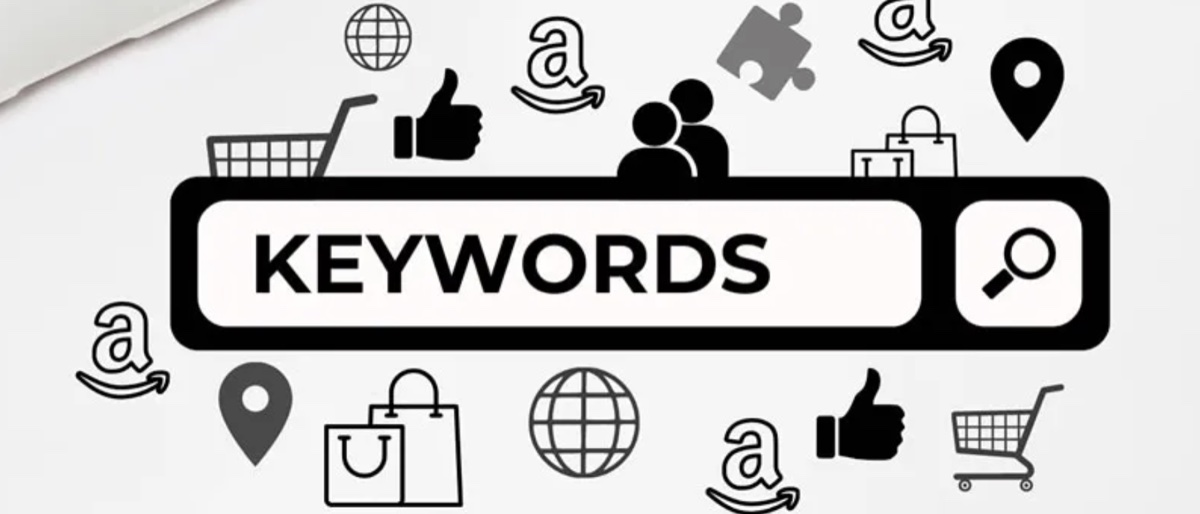 Black-and-white illustration of a large search bar with the word KEYWORDS, surrounded by shopping carts, bags, thumbs-up, location pins, globes, and puzzle pieces — representing the commerce signals behind keyword selection