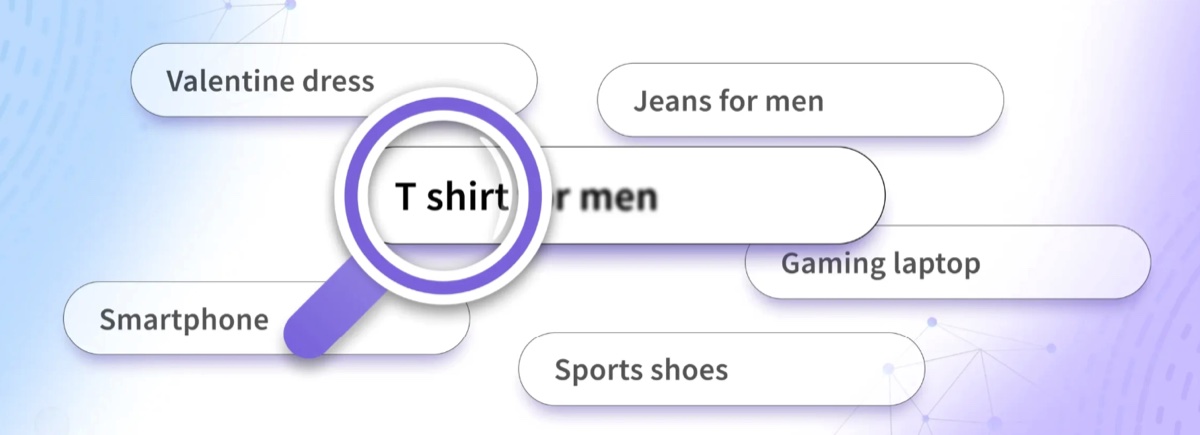 Magnifying glass over a search query bubble surrounded by product-focused keywords like t-shirt for men, jeans for men, gaming laptop, and sports shoes — illustrating commercial intent keyword patterns