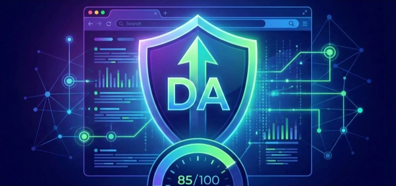 Domain Authority shield with DA score 85/100 over a browser dashboard with bar charts and network nodes