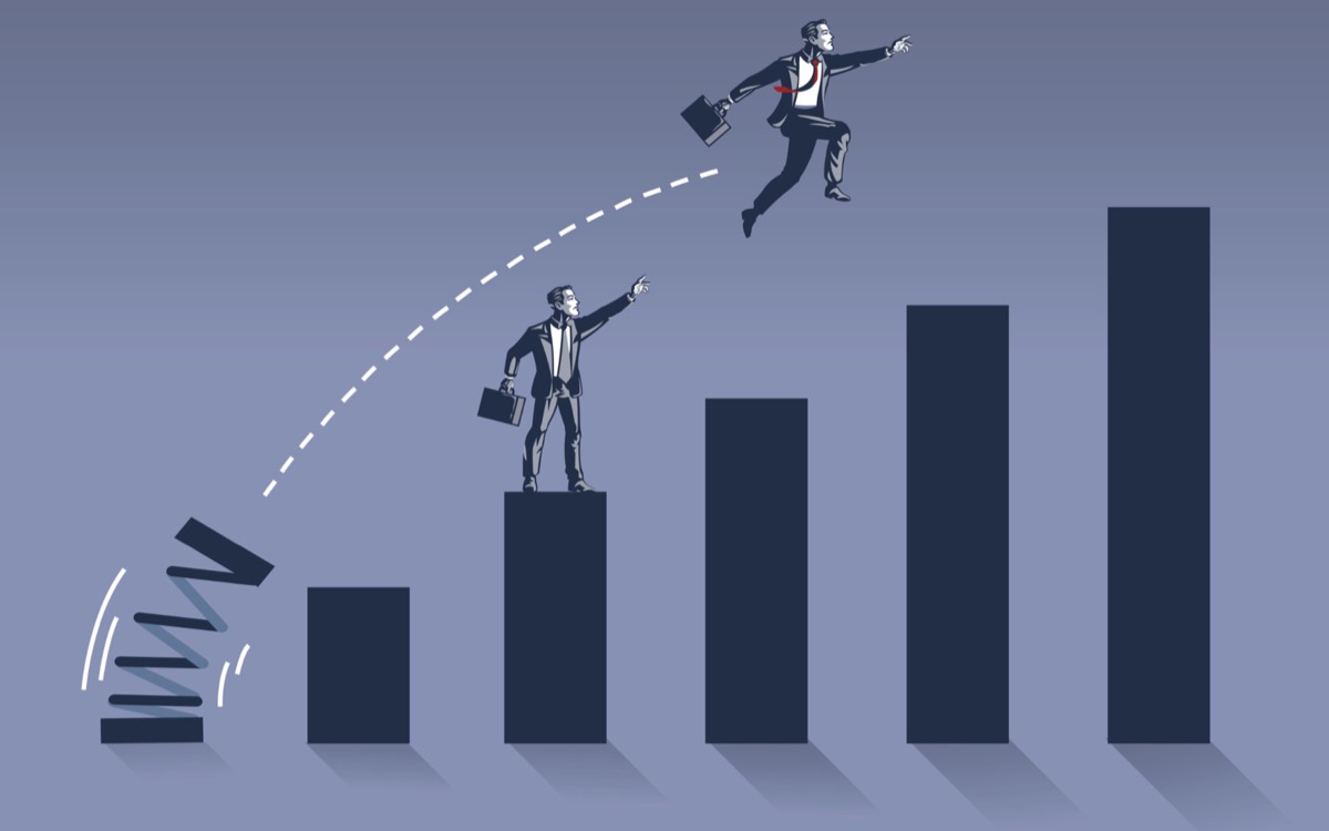 Businessmen leaping up ascending bar chart columns — the compounding advantage early movers gain in AI brand visibility