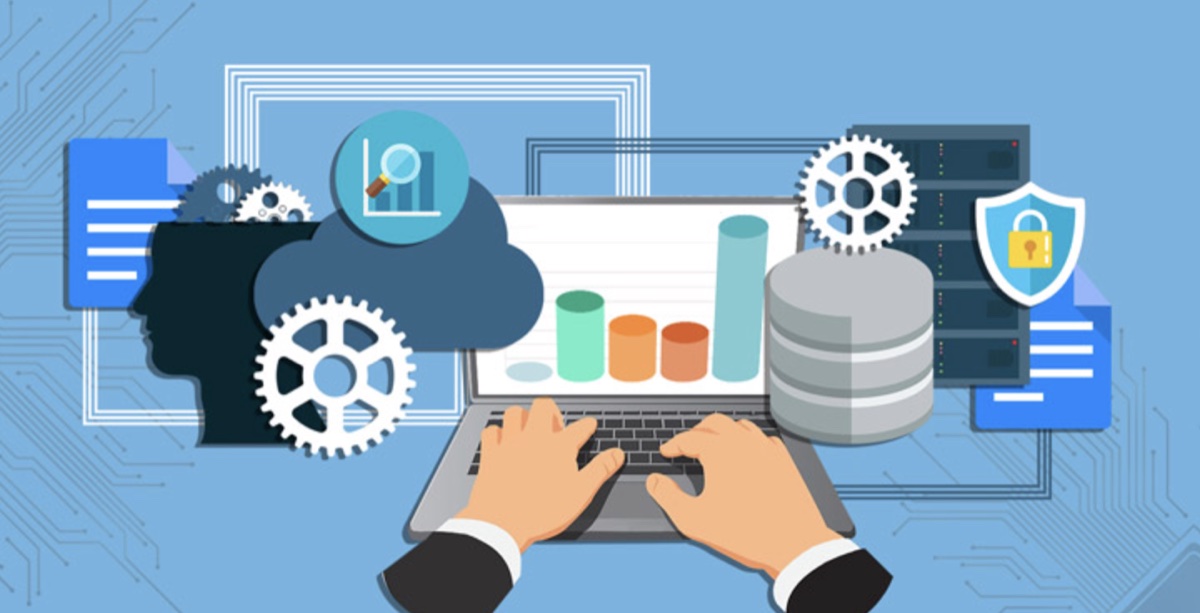 Flat illustration of a profile silhouette, laptop with charts, database stack, server, and gear icons, representing how search engines and AI models process content into structured entities