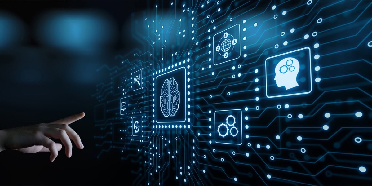 Business professional reviewing AI search visibility data on a laptop screen with digital AI network graphics