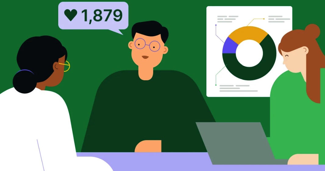 Illustrated marketing team reviewing audience engagement metrics and a donut chart dashboard, representing GEO tool workflows