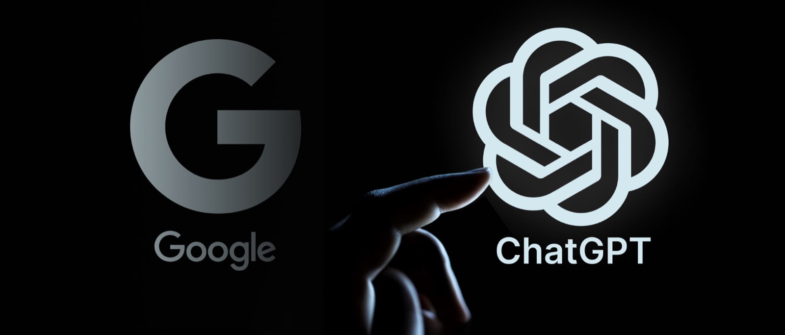 Finger reaching for the ChatGPT logo next to a dimmed Google logo, illustrating user attention shifting from traditional search to AI search engines