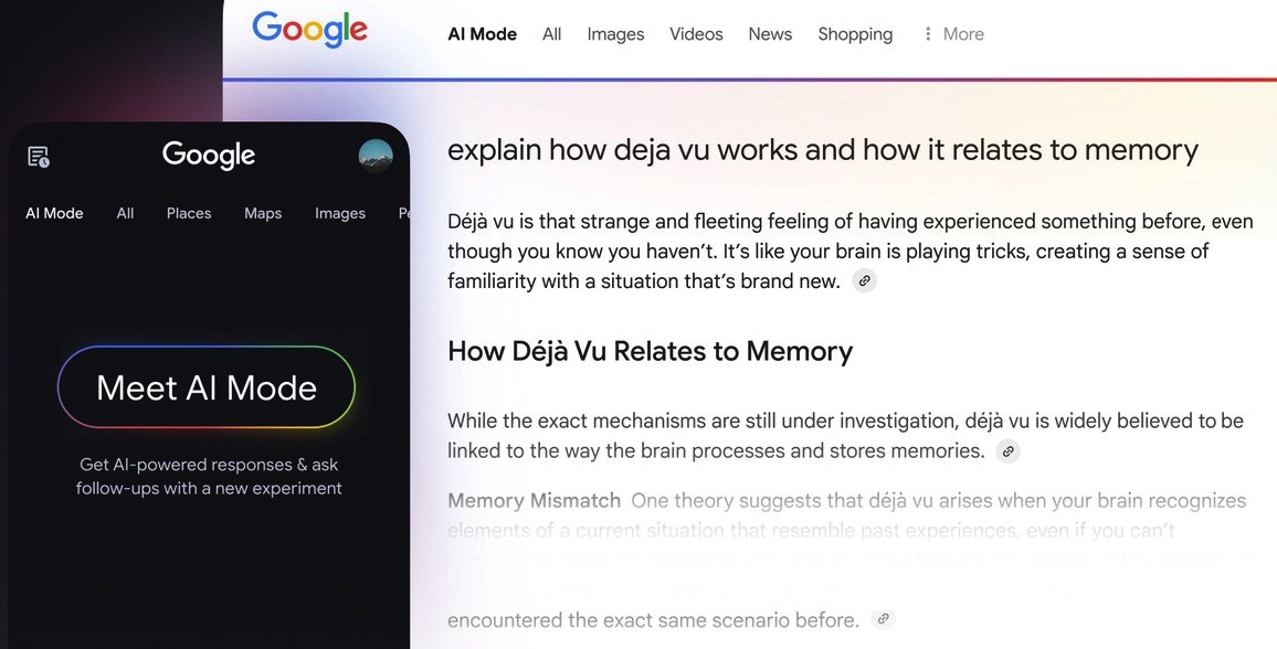 Google AI Mode interface showing an AI-powered response to a déjà vu query alongside the Meet AI Mode entry point