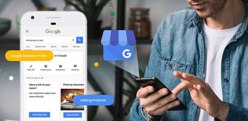 Google Business Profile local search results showing business listing with reviews and photos optimized for AI visibility