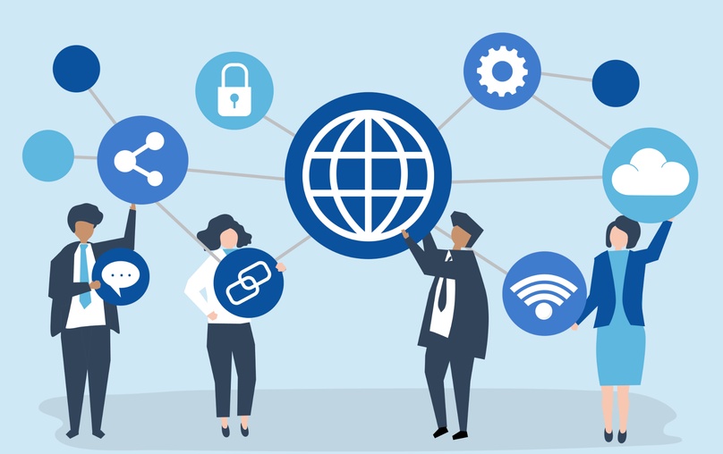 Illustration of people connecting web, link, and cloud icons to represent an interconnected internal linking network