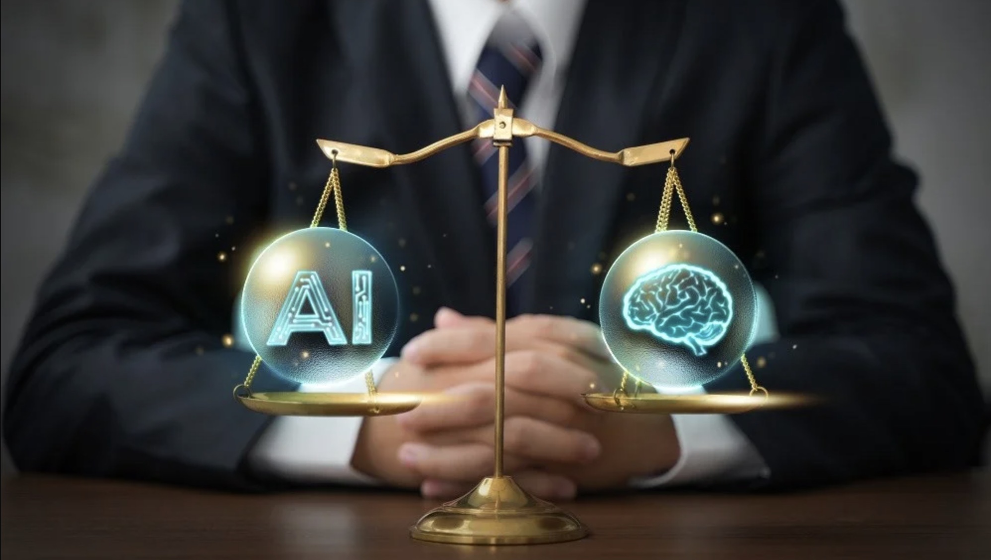 Lawyer with hands clasped behind a brass scale balancing an AI orb against a human brain orb, illustrating AI's caution bias in legal recommendations
