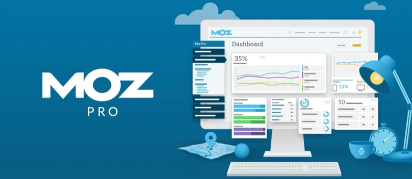 Moz Pro dashboard showing keyword rankings, mobile vs desktop traffic split, and site audit metrics