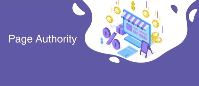 Page Authority illustration showing a storefront monitor with falling coins and percentage symbols representing page-level ranking strength