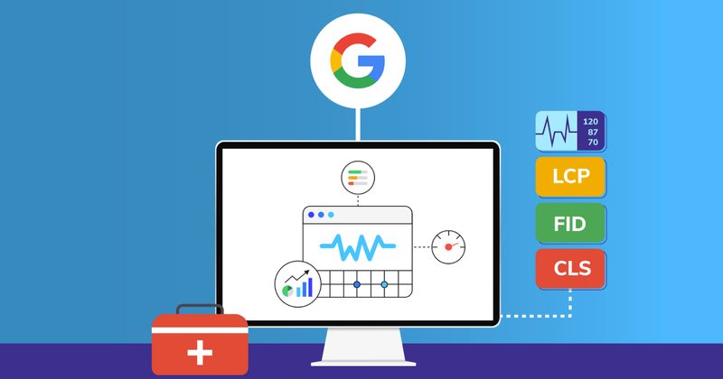 Google Core Web Vitals dashboard showing LCP, FID, and CLS performance metrics on a monitor with Google branding
