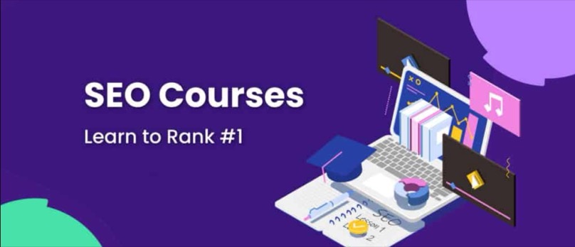 SEO Courses Learn to Rank #1 illustration with laptop, books, graduation cap, and lesson cards