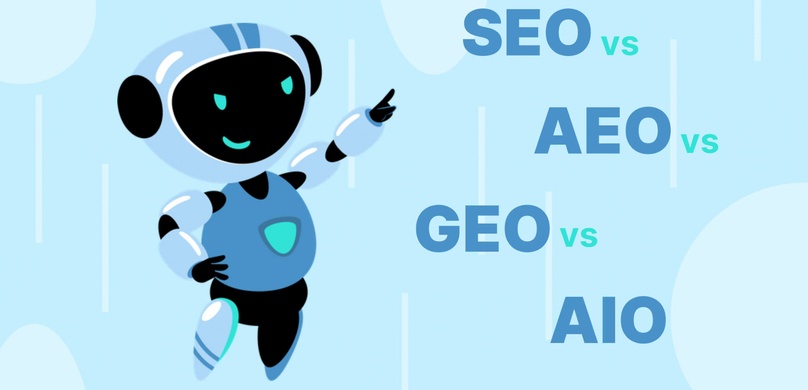 Illustrated robot pointing to a stack of AI search acronyms — SEO vs AEO vs GEO vs AIO