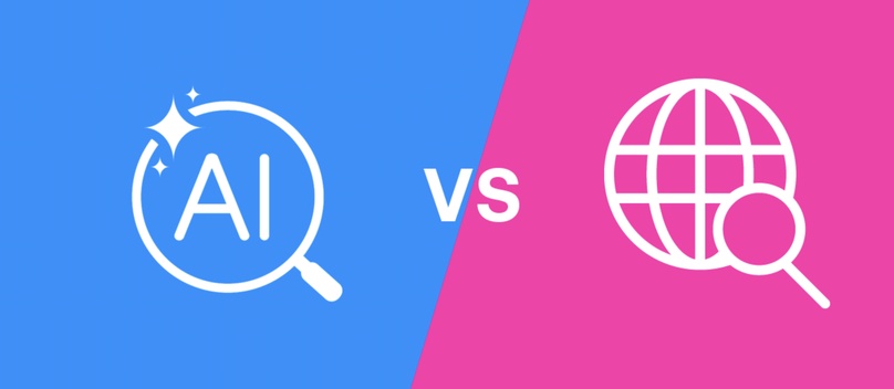 AI search magnifying glass icon next to a traditional web search globe icon, separated by "vs"