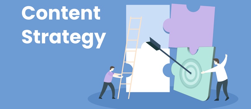 Two people assembling jigsaw puzzle pieces around a target with an arrow, labeled "Content Strategy"