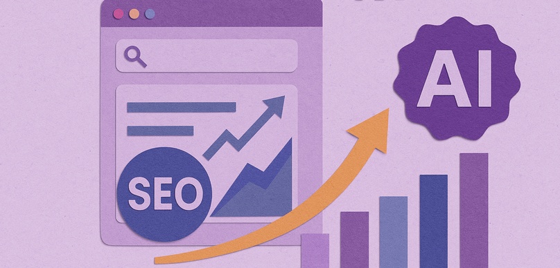SEO browser window with a rising chart and an orange arrow curving up to an AI badge, showing how SEO investment compounds into AI visibility