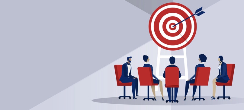 Marketing team seated in red chairs facing a bullseye target with an arrow in the center, representing prioritization across SEO, AEO, GEO, and LLMO
