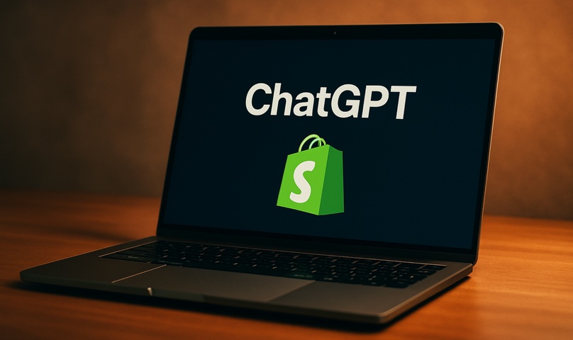 Laptop displaying the ChatGPT logo above a Shopify shopping bag, illustrating how AI platforms shape the narrative around Shopify brands