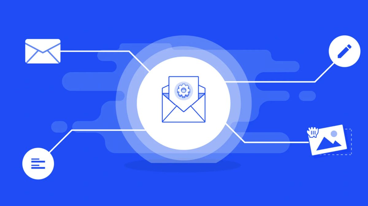 Illustration of an email automation system with envelope, content, and image elements connected to a central configured message