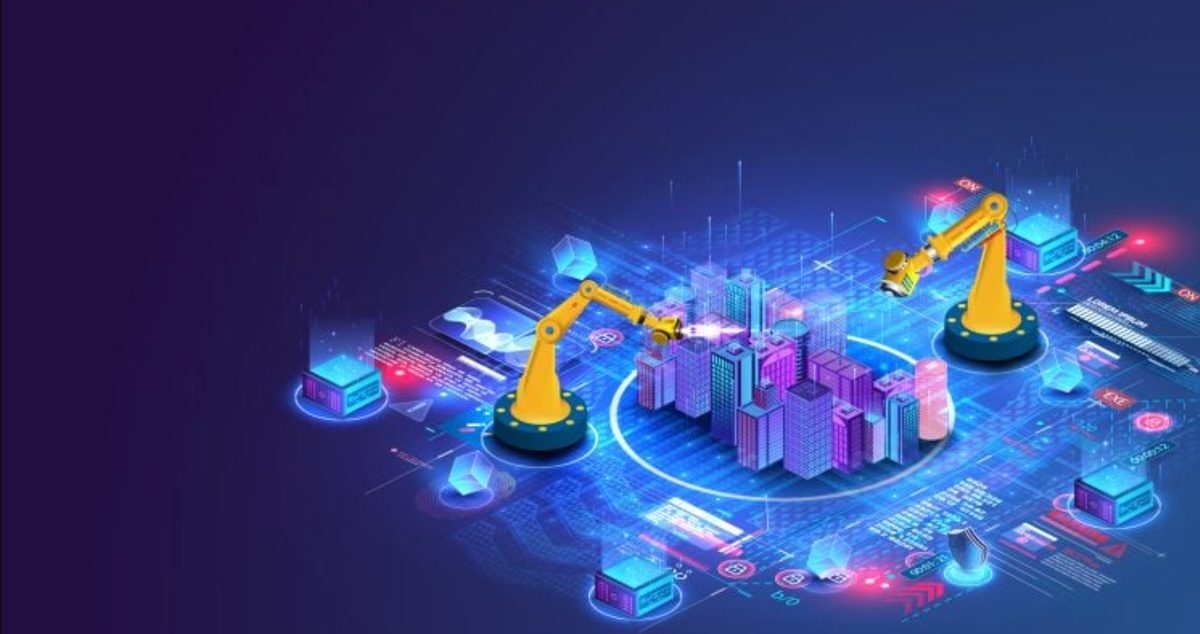 Isometric illustration of robotic arms assembling a digital city, representing the technical foundations that equip an online business for AI search discovery