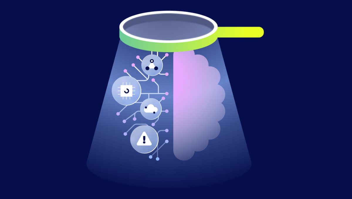 Magnifying glass scanning a brain made of circuits and AI signal icons, representing dedicated monitoring of AI search visibility