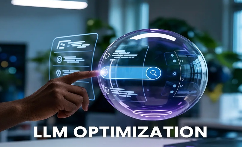 Hand interacting with a holographic LLM Optimization search interface representing the technical and structural foundations of LLMO