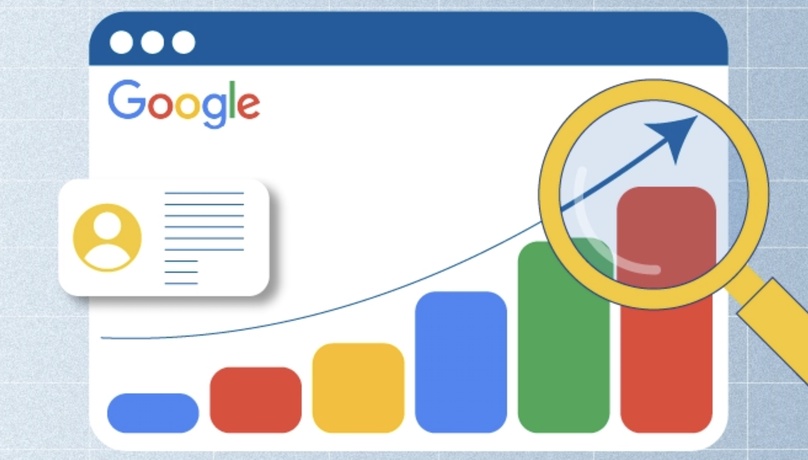 Google search browser with a rising bar chart and magnifying glass illustrating analysis of Google rankings against AI citations